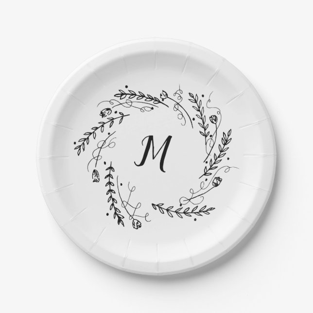 Vintage Floral Wreath Monogram Paper Plates (Front)