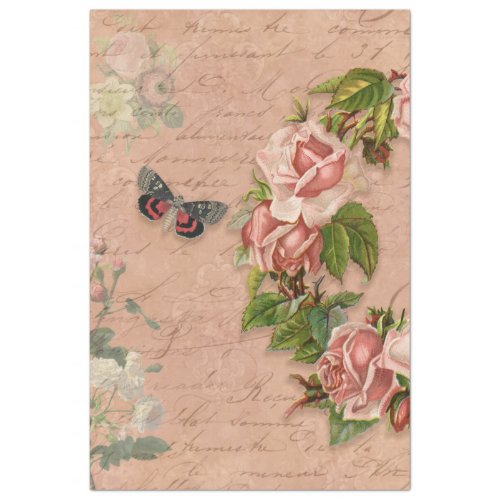Vintage Floral Wreath Pink Rose Ephemera Decoupage Tissue Paper