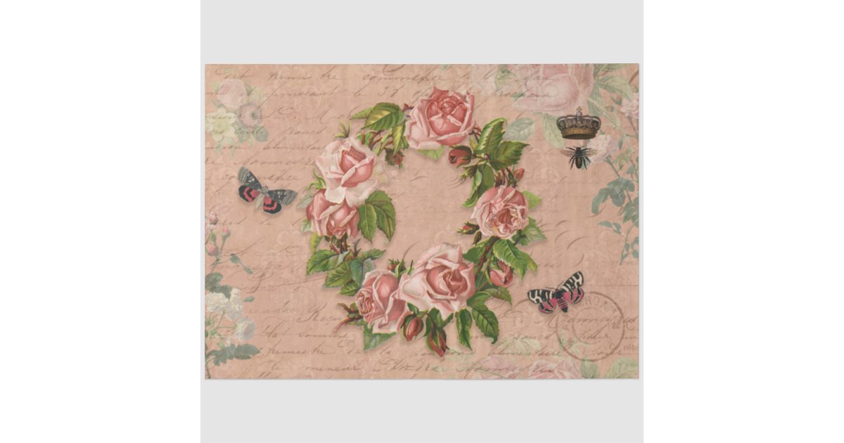 Vintage Floral Wreath Rose Ephemera Bee Decoupage Tissue Paper | Zazzle