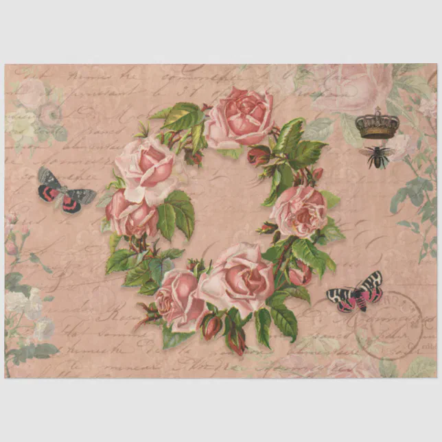 Vintage Floral Wreath Rose Ephemera Bee Decoupage Tissue Paper | Zazzle