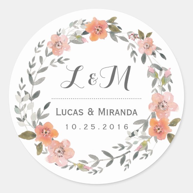 Vintage Floral Wreath Wedding Favor Sticker (Front)