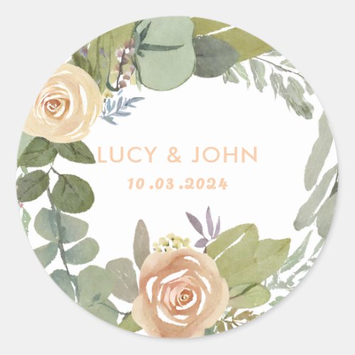 Vintage Floral Wreath Wedding Favour Classic Round Sticker