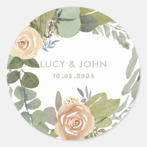 Vintage Floral Wreath Wedding Favour Classic Round Sticker