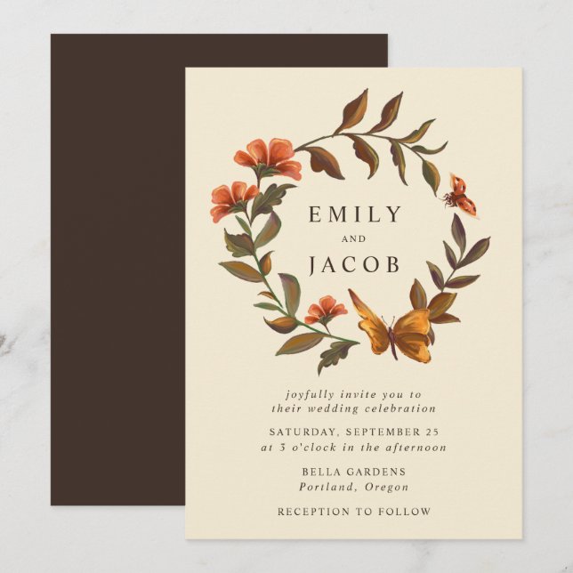 Vintage Floral Wreath Wedding Invitation (Front/Back)