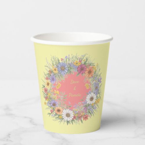 Vintage Floral Wreath Wedding Pink Yellow Paper Cups