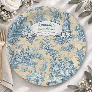 Vintage floral yellow turquoise toile de jouy paper plates