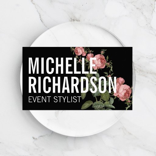 Customizable Vintage Florals Bold Text on Black Business Card