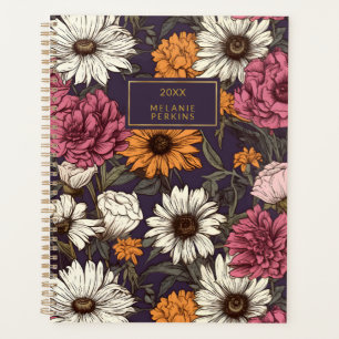 Vintage Florals Orange Navy Blue Boho Wildflowers Planner