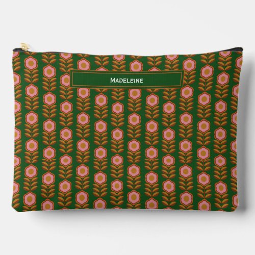 Vintage florals pink on green retro monogrammed  accessory pouch