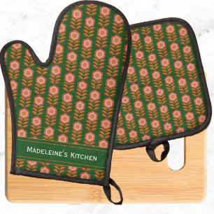 Vintage florals, pink on green retro monogrammed  oven mitt & pot holder set