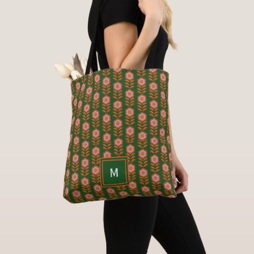 Vintage florals pink on green retro pattern Tote