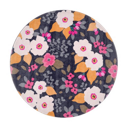 Vintage Florals White on Blue Cutting Board