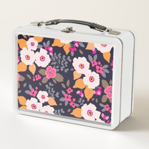 Vintage Florals White on Blue Metal Lunch Box
