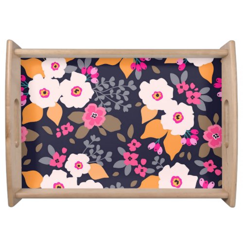Vintage Florals White on Blue Serving Tray