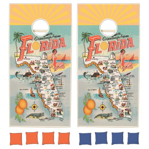 Vintage Florida Greetings Tourist Map Cornhole Set