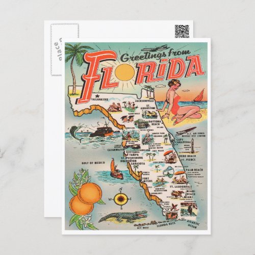 Vintage Florida map Greetings from Florida Postcard