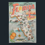 Vintage Florida map of attractions Towel<br><div class="desc">Vintage Florida map of tourist attractions is cool retro kitsch as well as being a historical look into old Florida. Shows major cities and icons include beach,  palm tree,  oranges,  alligator,  sailboat,  etc.</div>
