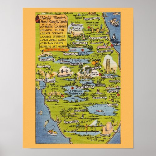 Vintage Florida Map of Colorful Spots Poster