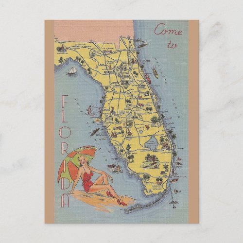 Vintage Florida Map Post Card