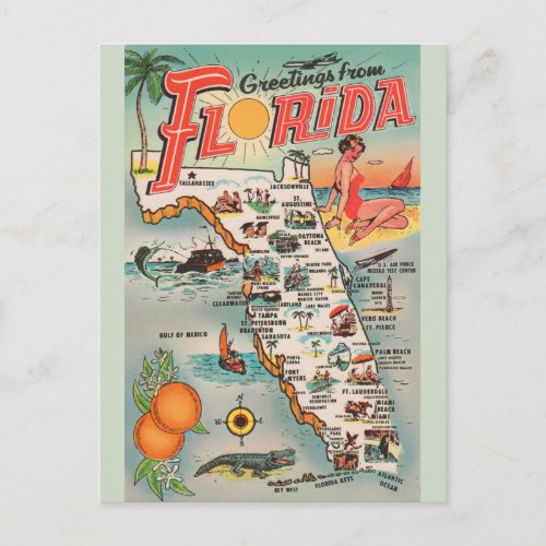 Vintage Florida Map Post Card