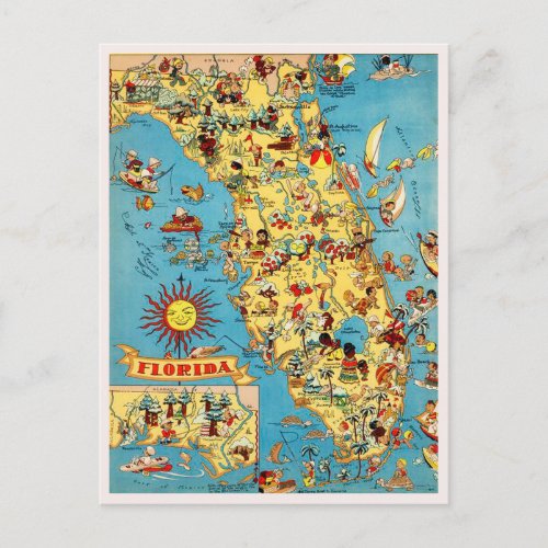 Vintage Florida Map Travel Postcard