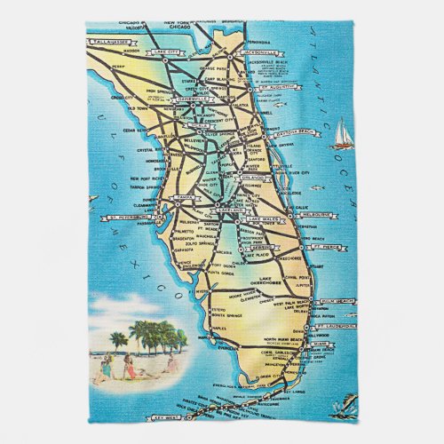 Vintage Florida map with highways Kitchen Towel