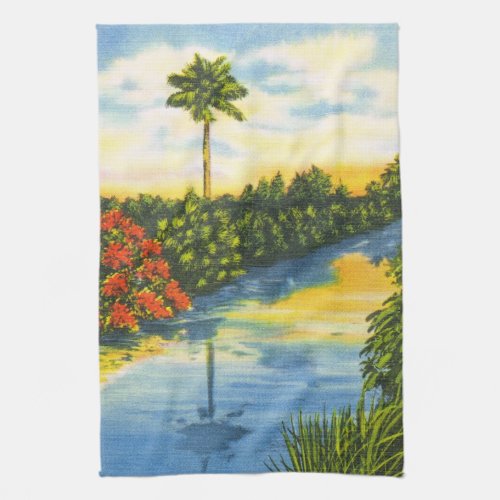 Vintage Florida Palm Tree Sunset Kitchen Tea Towel