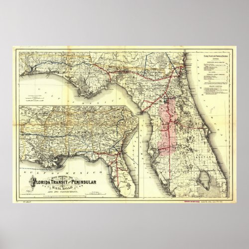 Vintage Florida Railroad Map 1882 Poster