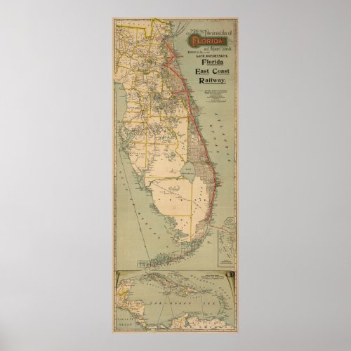 Vintage Florida Railway Map 1896 Poster