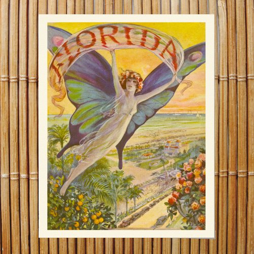 Vintage Florida Tourism Ad Woman Flying Over Coast Poster