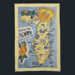 Vintage Florida tourist greetings map Kitchen Towel<br><div class="desc">Greetings from Florida vintage tourist map with attractions and a large sun face at the top. Fun retro colors and midcentury style. Fun Florida kitsch!</div>