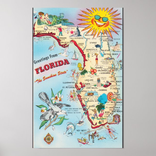 Vintage Florida Travel Map Poster (Front)