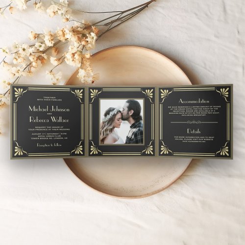 Vintage Flourish Art Deco Photo Wedding Tri_Fold Invitation