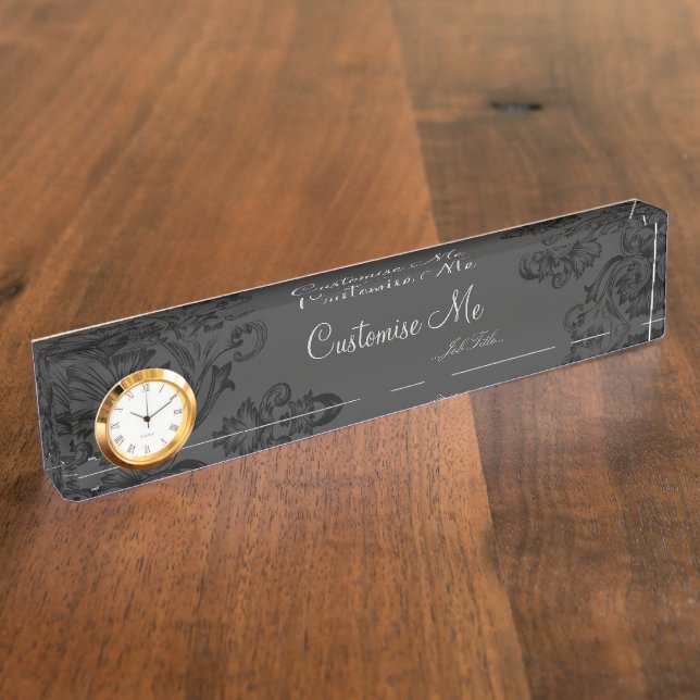 Vintage Flourish (Black) (Monogram) Desk Name Plate (Side)