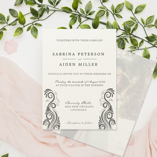 Vintage Flourish Black Monogram Photo Wedding Invitation (Creator Uploaded)