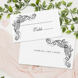 Vintage Flourish Black Monogram Wedding Place Card
