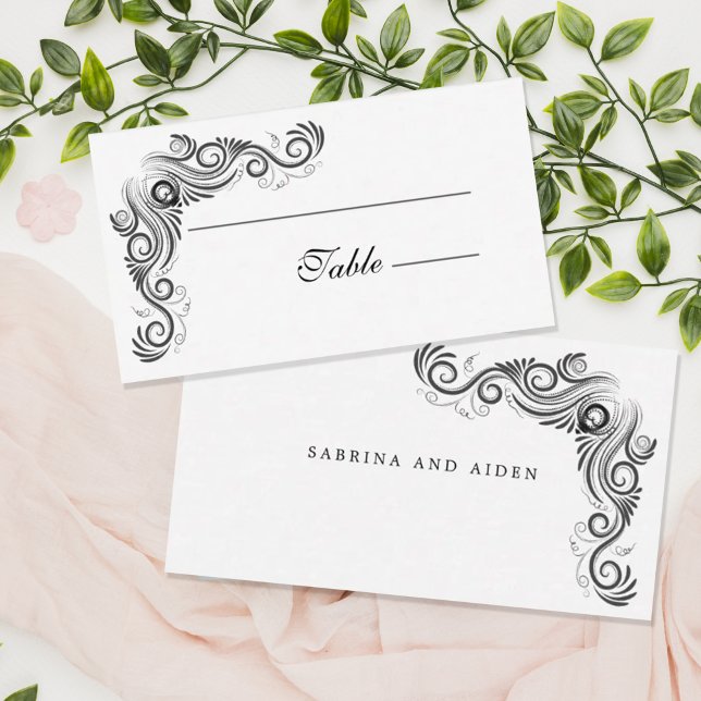 Vintage Flourish Black Monogram Wedding Place Card (Creator Uploaded)