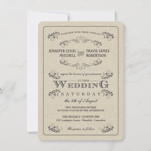 Vintage Flourish Burlap Wedding Invitations