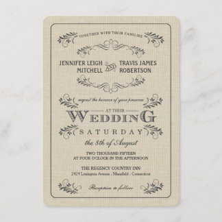 Vintage Flourish Burlap Wedding Invitations