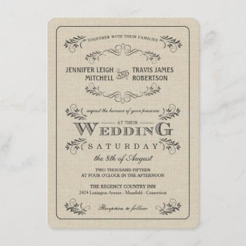 Vintage Flourish Burlap Wedding Invitations by weddingtrendy at Zazzle