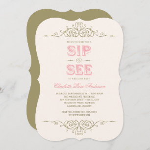 Vintage Flourish Elegant New Baby Girl Sip And See Invitation