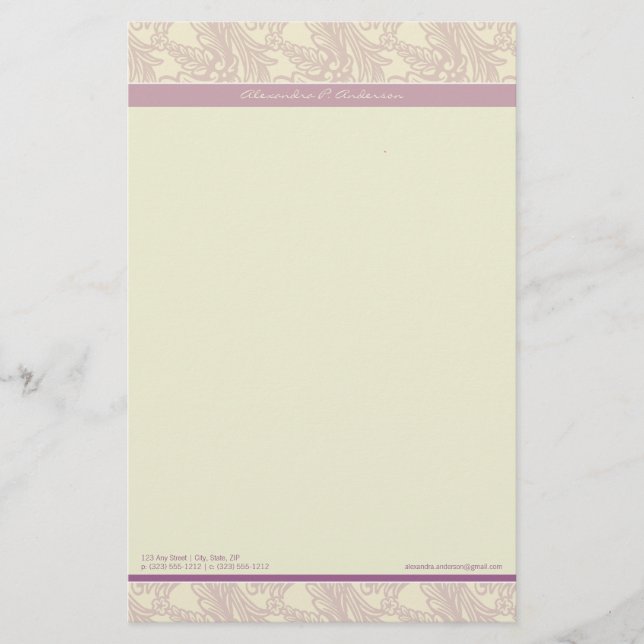 Vintage Flourish Lilac Customized Stationery (Front)