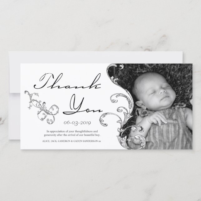 Vintage Flourish New Baby Thank You Card (Front)