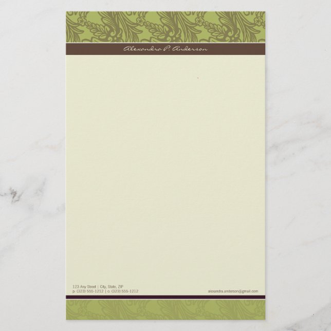 Vintage Flourish Olive Customized Stationery (Front)