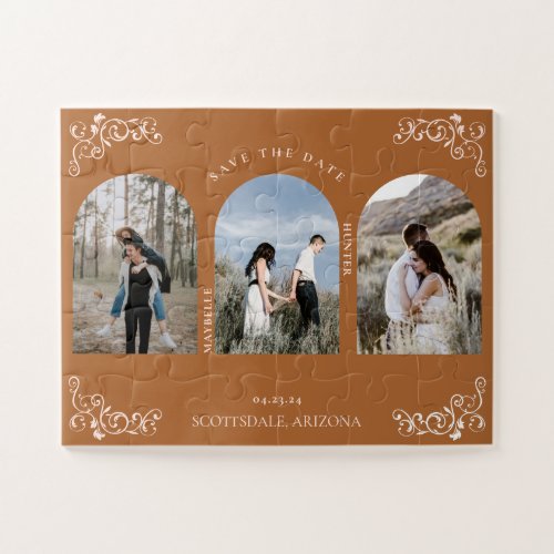 Vintage Flourish Scroll Brown Photo Save The Date Jigsaw Puzzle