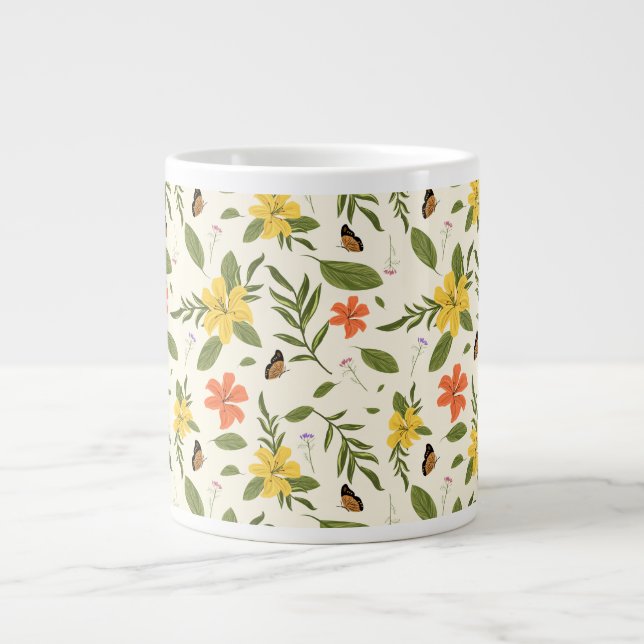 Vintage Flower and Butterfly Pattern Giant Coffee Mug (Front)