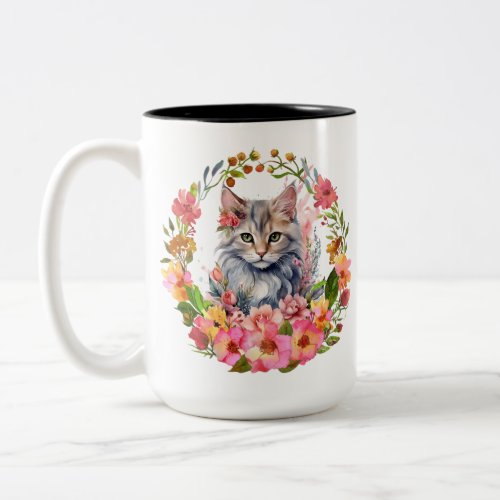 Vintage flower and cat coffee mug