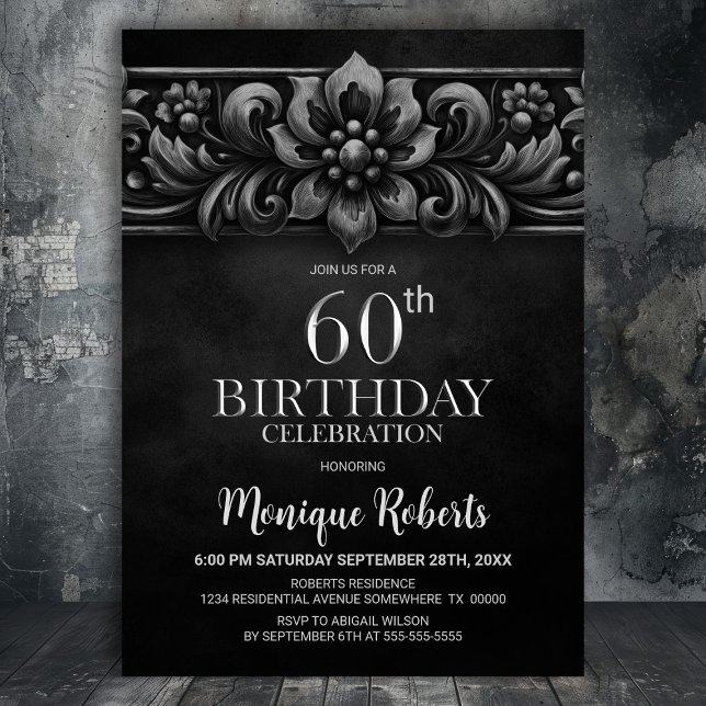 Vintage Flower Black 60th Birthday Party Invitation (Creator Uploaded)