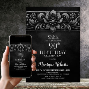 Vintage Flower Black Surprise 90th Birthday Party Invitation