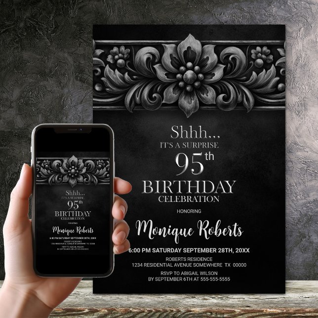 Vintage Flower Black Surprise 95th Birthday Party Invitation (Creator Uploaded)